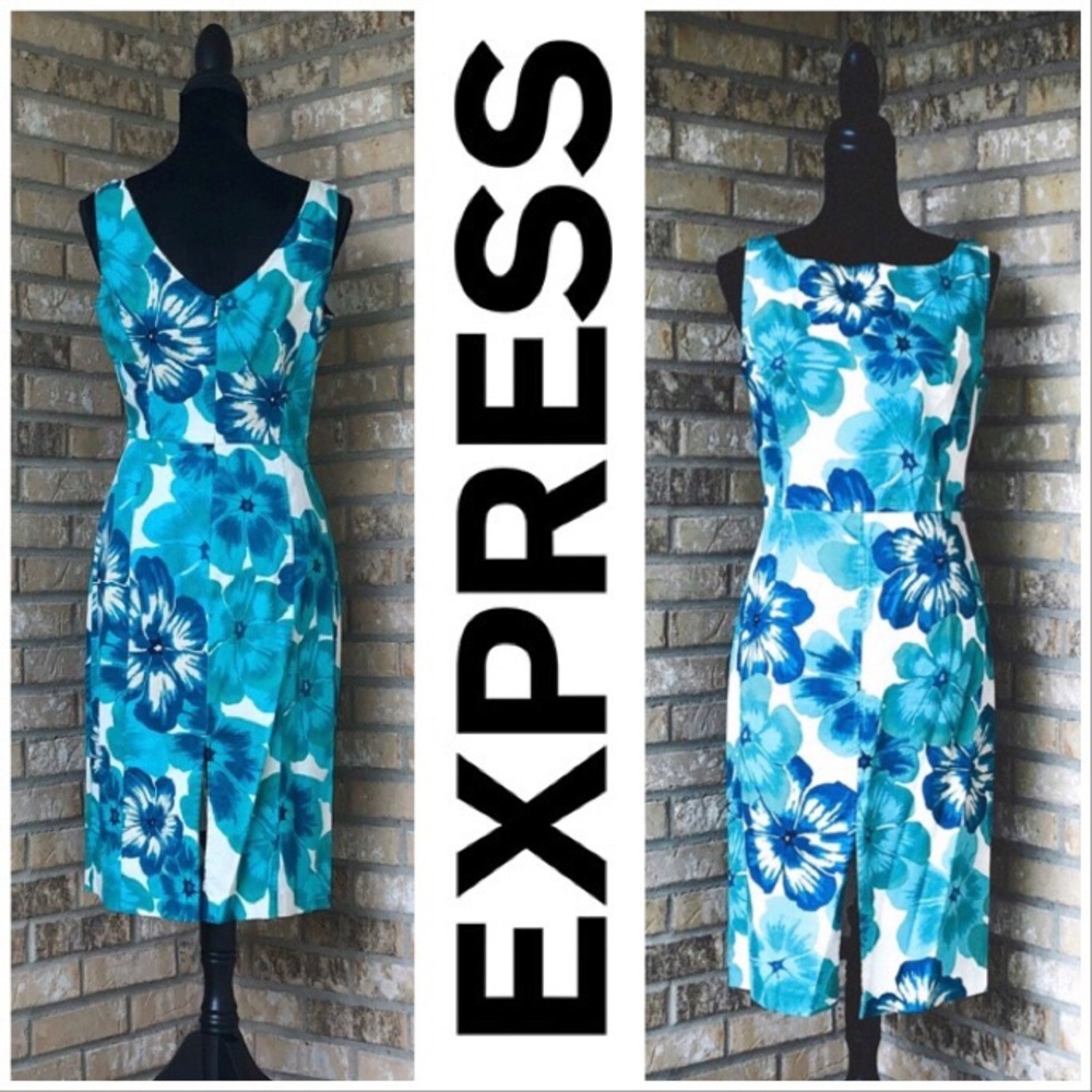 Express Boat Neck Floral Sheath Dress w/Front Slit